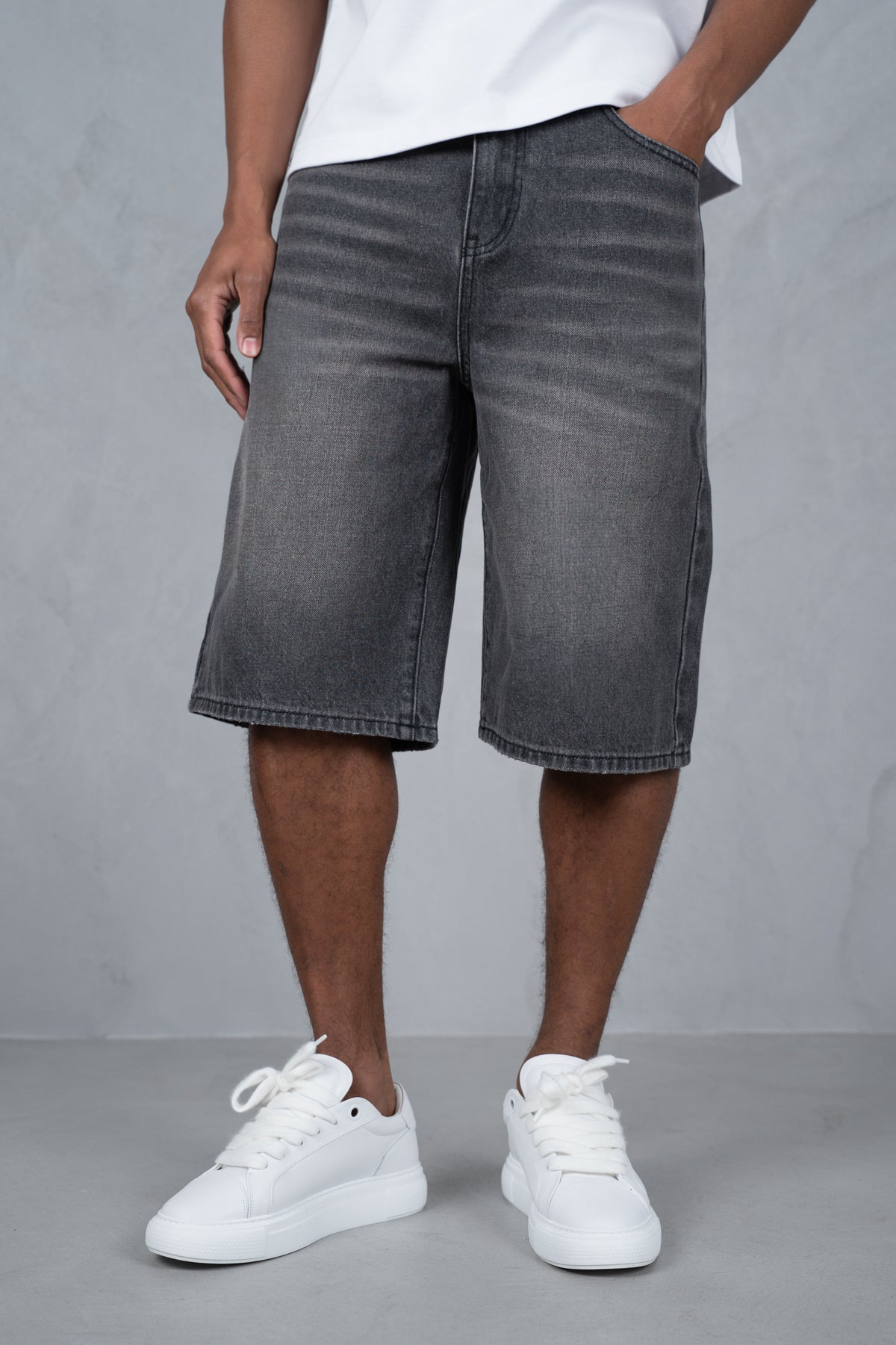 Washed Denim Jorts - Grey