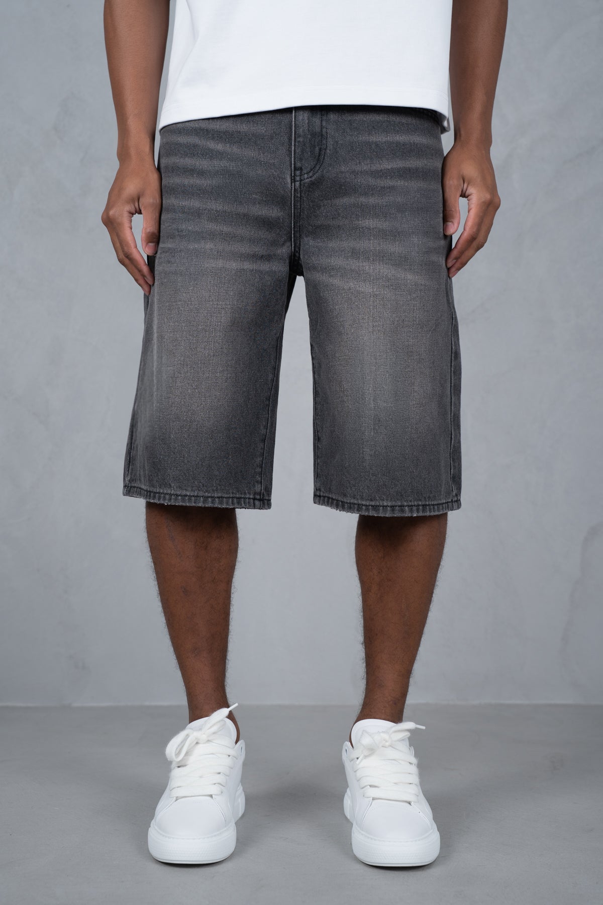 Washed Denim Jorts - Grey