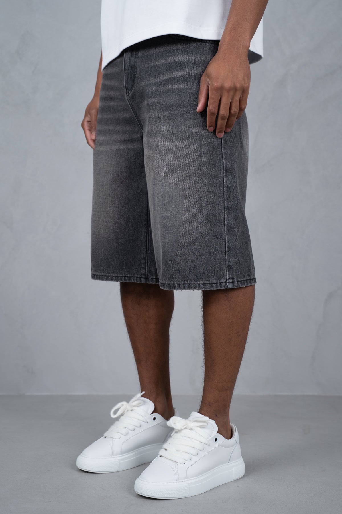 Washed Denim Jorts - Grey