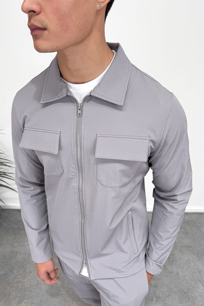 Tailored Cargo Zip-Up Overshirt - Grey