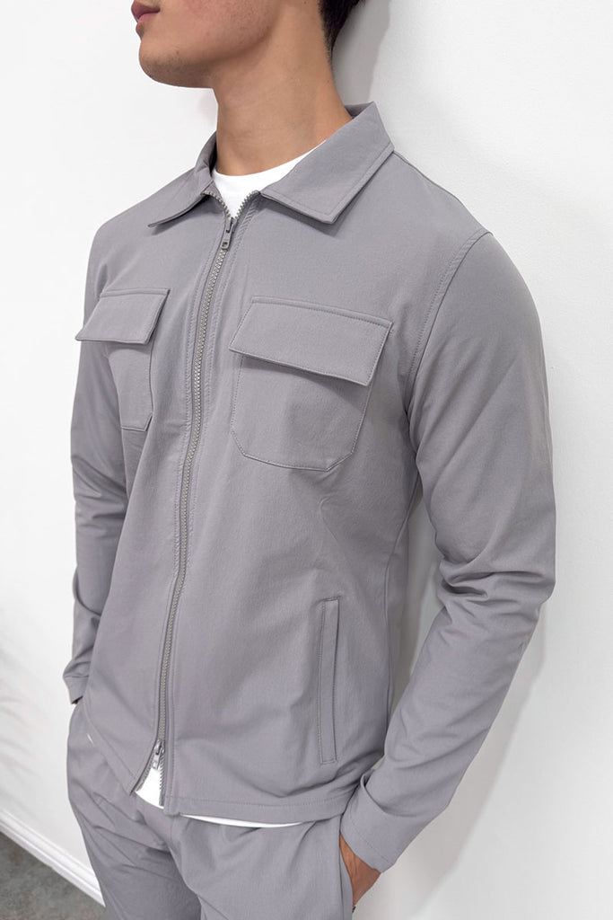 Tailored Cargo Zip-Up Overshirt - Grey