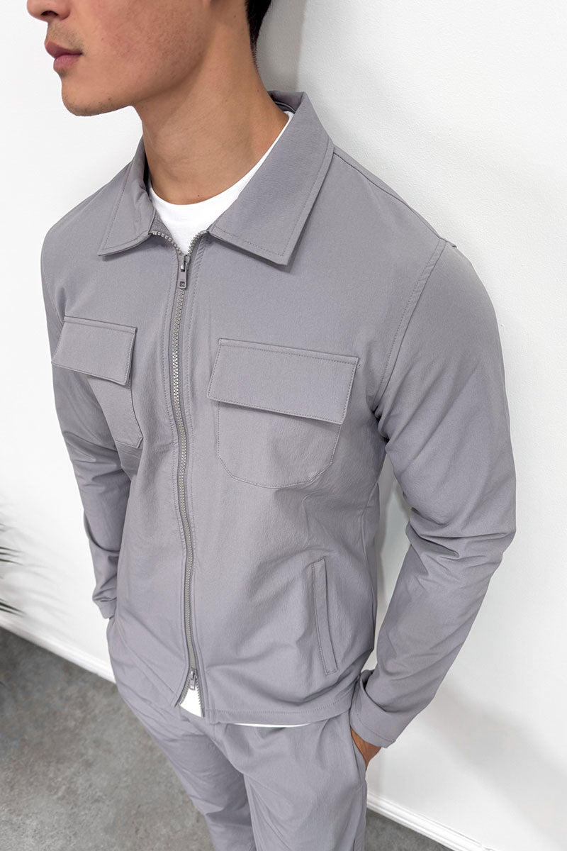 Tailored Cargo Zip-Up Overshirt - Grey