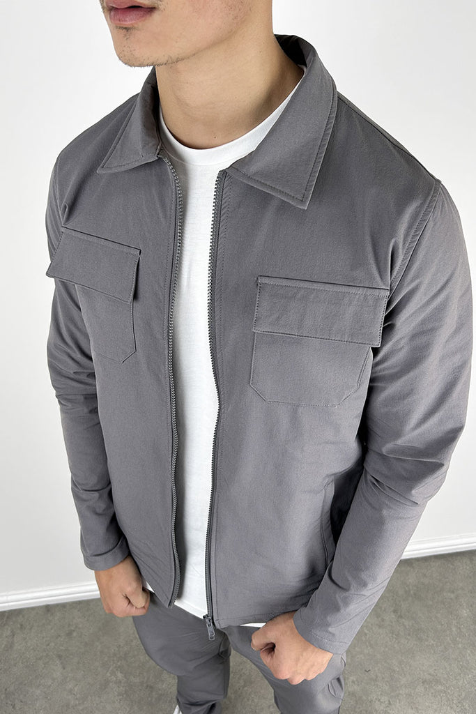 Tailored Cargo Zip-Up Overshirt - Charcoal