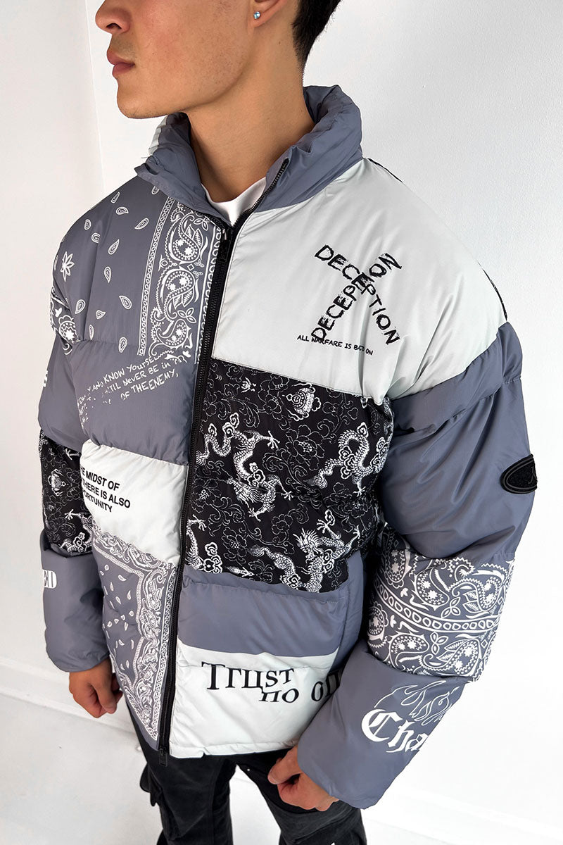 J811 Graffiti Print Puffer Jacket - Grey/White