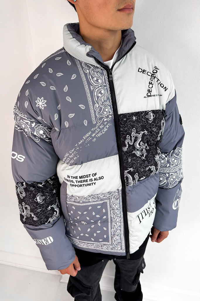 J811 Graffiti Print Puffer Jacket - Grey/White