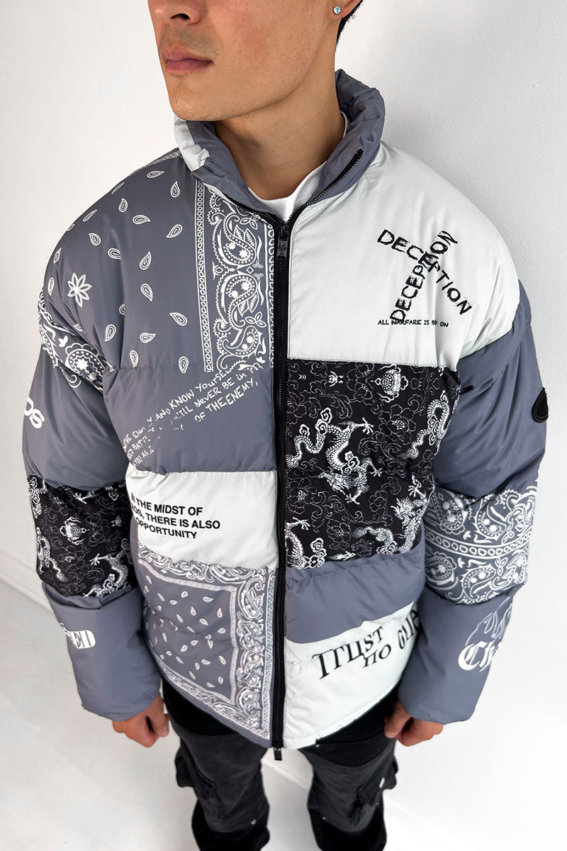 J811 Graffiti Print Puffer Jacket - Grey/White