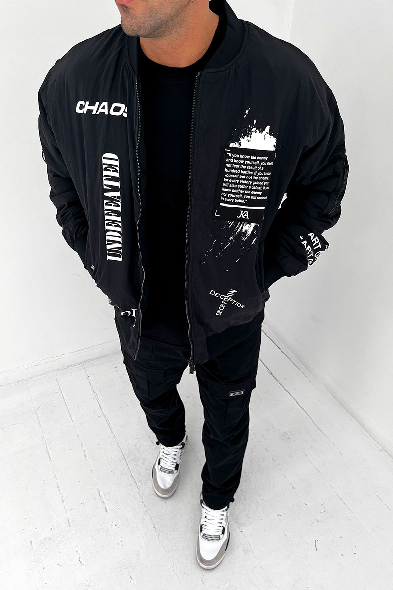 Chaos Graffiti Print Bomber Jacket - Black