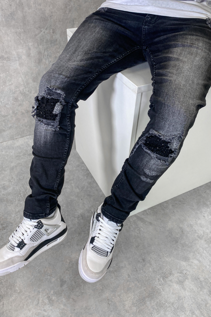 Stud Patch Slim Fit Jeans - Washed Black