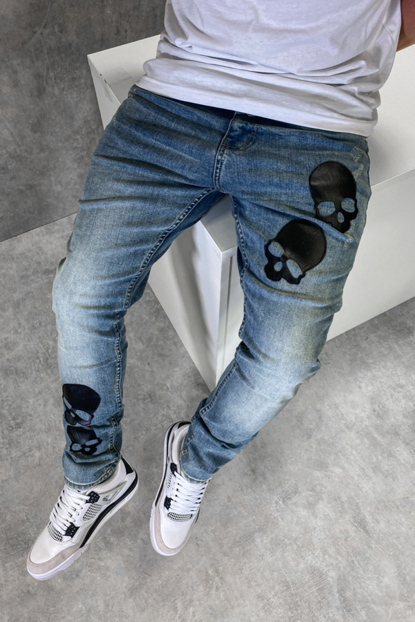 Skull Patch Slim Fit Jeans - Washed Blue