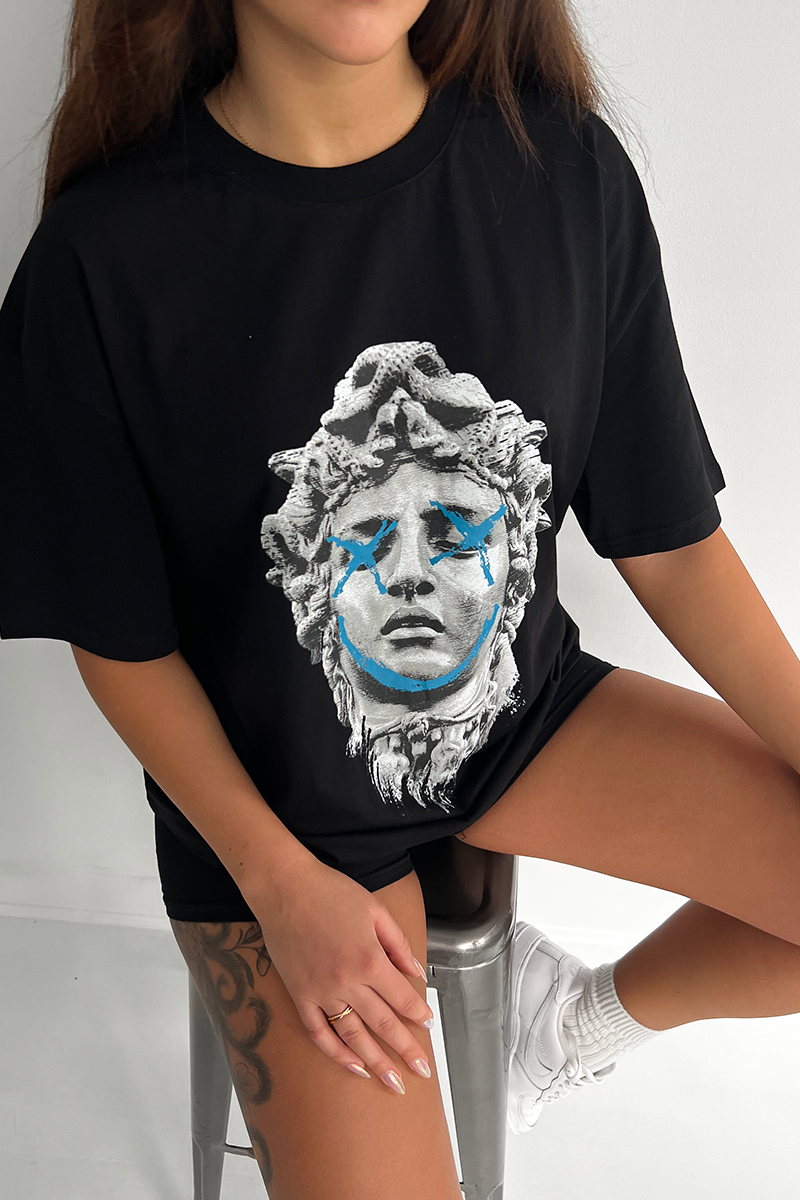 Womens Medusa Print Graffiti T-Shirt - Black