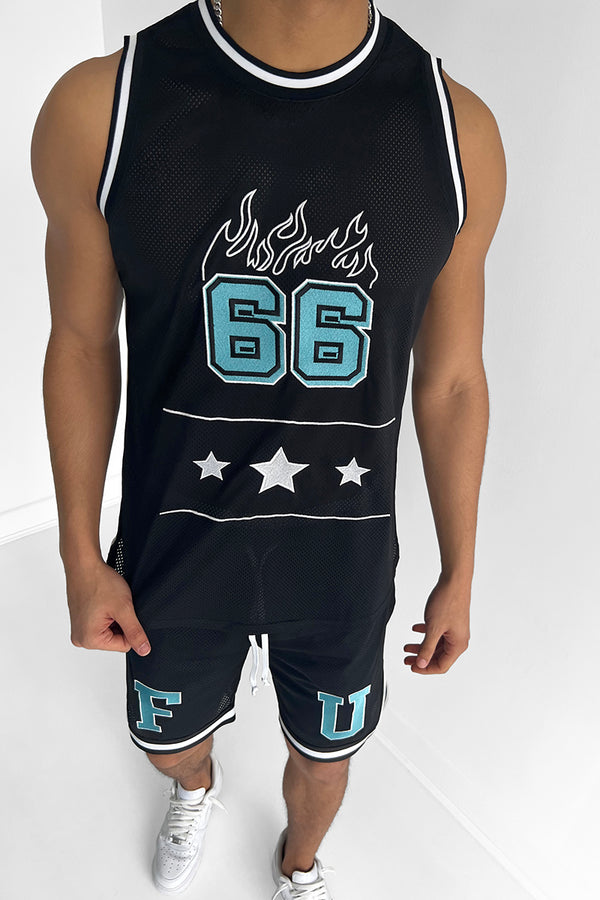 FU Jersey Basketball Jersey/Shorts Full Set - Black/Baby Blue